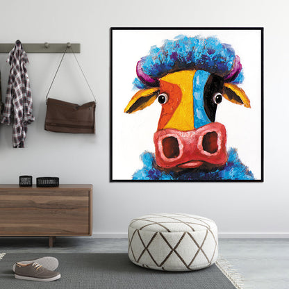 Vivolux | Contemporary Ox Kunstprint Blauw-Geel Textuur Gevuld Canvas voor Woonkamer
