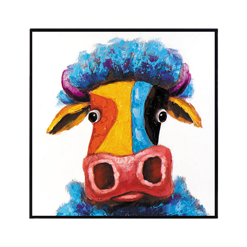 Vivolux | Contemporary Ox Kunstprint Blauw-Geel Textuur Gevuld Canvas voor Woonkamer