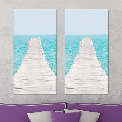 Vivolux | Fotografie Moderne Wandkunst mit Gerade Brücke zum Meer Muster in Braun-Blau