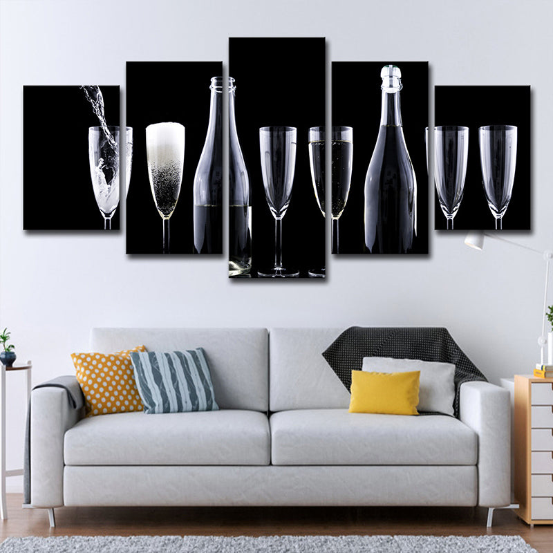 Vivolux | Moderne Wein und Gläser Kunstdruck Leinwand mehrlagiger schwarzer Wandschmuck für Küche