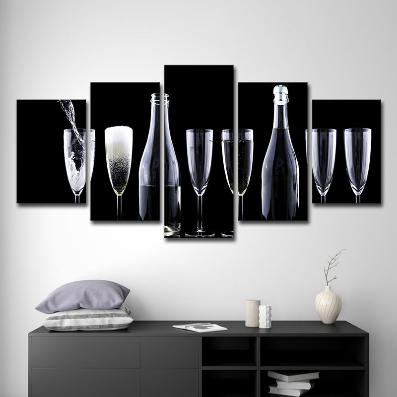 Vivolux | Moderne Wein und Gläser Kunstdruck Leinwand mehrlagiger schwarzer Wandschmuck für Küche