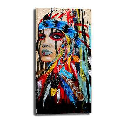 Vivolux | Stammindische Frau Wandkunst für Studio Figurenmalerei Leinwanddruck in Rot-Blau