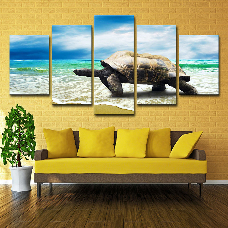 Vivolux | Zeitgenössischer Schildkröte Kunstdruck Blau und Grau Strandlandschaft Wanddekoration für Zuhause
