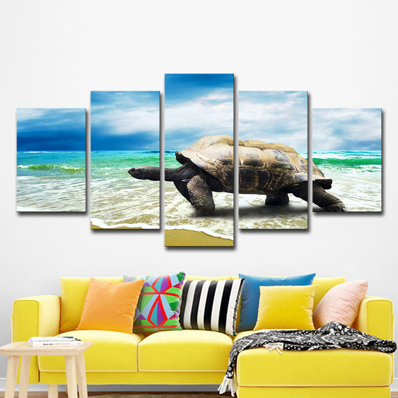 Vivolux | Zeitgenössischer Schildkröte Kunstdruck Blau und Grau Strandlandschaft Wanddekoration für Zuhause