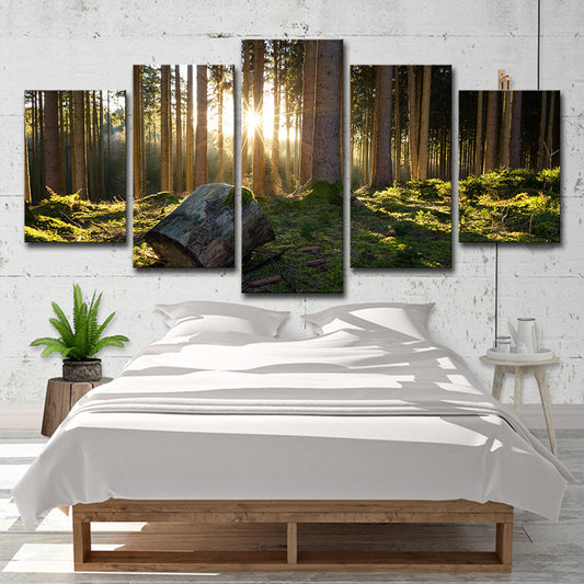 Vivolux | Zonsopgang in het Bos Canvas Kunst Donkergroen Hedendaagse Wanddecoratie voor Slaapkamer