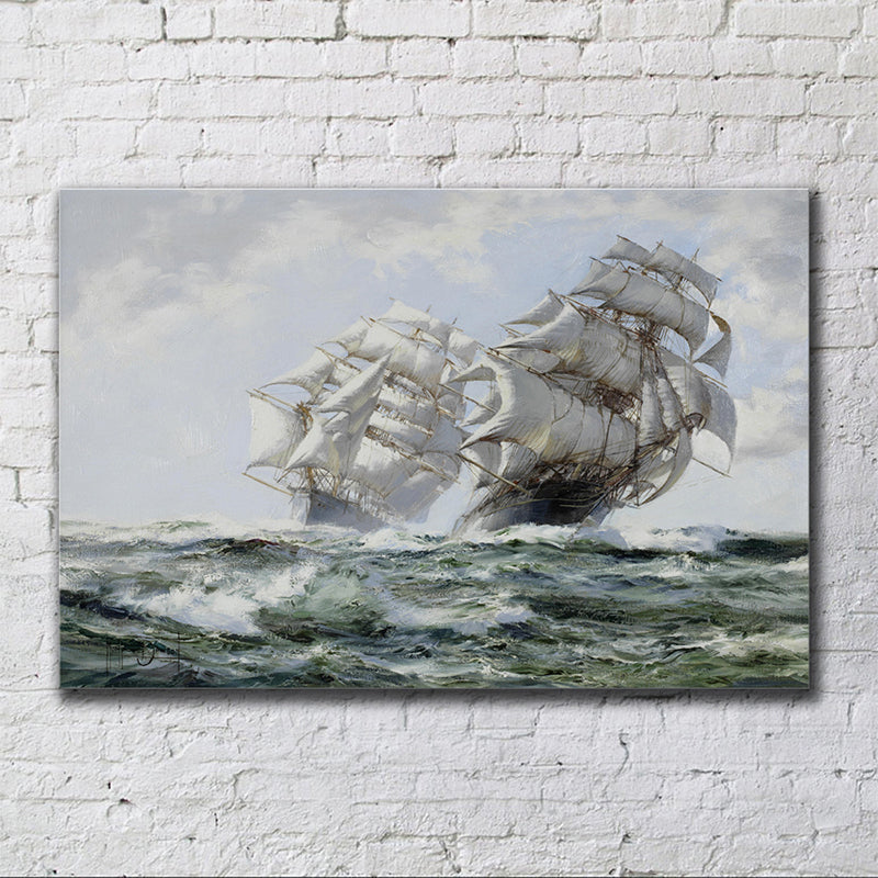 Vivolux | Zeelandschap Schilderij Canvas Print Moderne Schip Zeilen in de Golven Wanddecoratie in Grijs