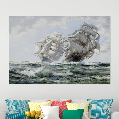 Vivolux | Zeelandschap Schilderij Canvas Print Moderne Schip Zeilen in de Golven Wanddecoratie in Grijs