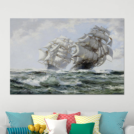 Vivolux | Zeelandschap Schilderij Canvas Print Moderne Schip Zeilen in de Golven Wanddecoratie in Grijs