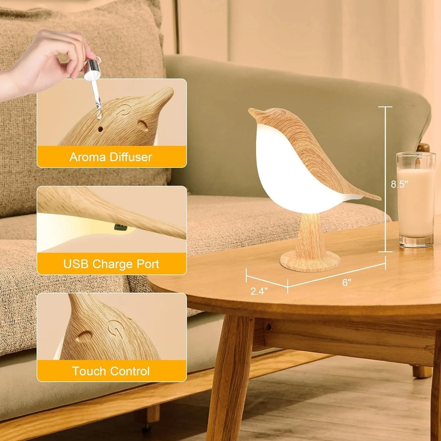 Vivolux | Touch-Control Holzvogel Nachtlicht - Wiederaufladbare LED Nachttischlampe