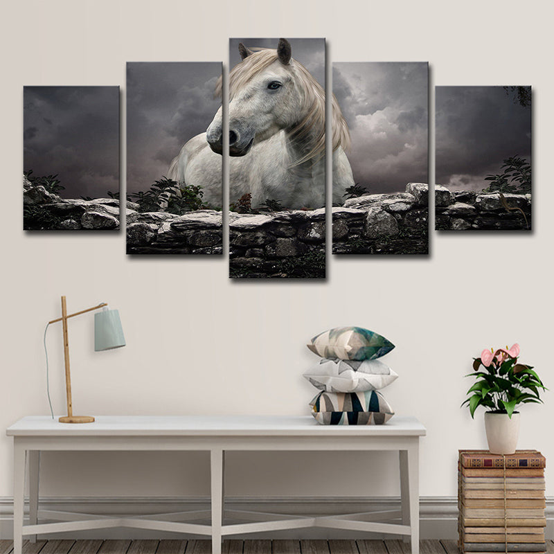 Vivolux | Schwarze moderne Leinwand Wandkunst Pferd nach Ziegel mit dunklem Himmel Wanddekor für das Wohnzimmer