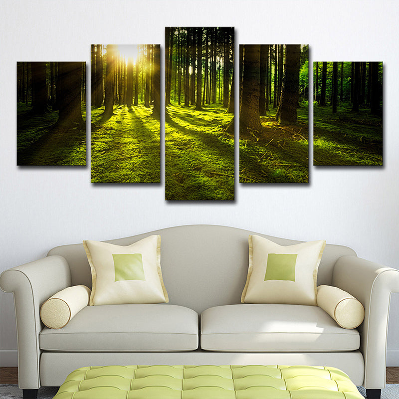 Vivolux | Zonlicht Schijnt Door Bos Canvas Multi-Piece Moderne Woonkamer Muur Kunst in Groen