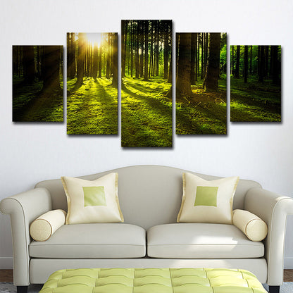 Vivolux | Zonlicht Schijnt Door Bos Canvas Multi-Piece Moderne Woonkamer Muur Kunst in Groen