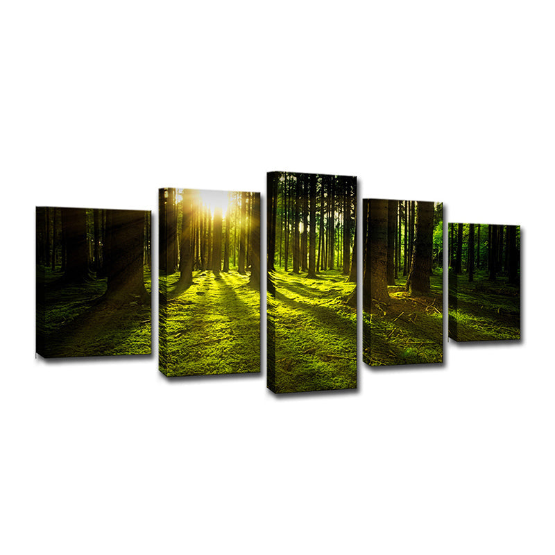 Vivolux | Zonlicht Schijnt Door Bos Canvas Multi-Piece Moderne Woonkamer Muur Kunst in Groen