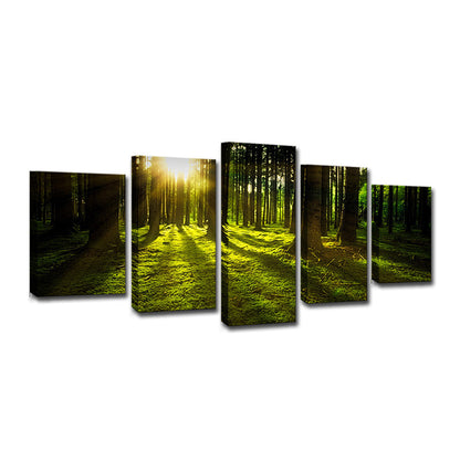 Vivolux | Zonlicht Schijnt Door Bos Canvas Multi-Piece Moderne Woonkamer Muur Kunst in Groen