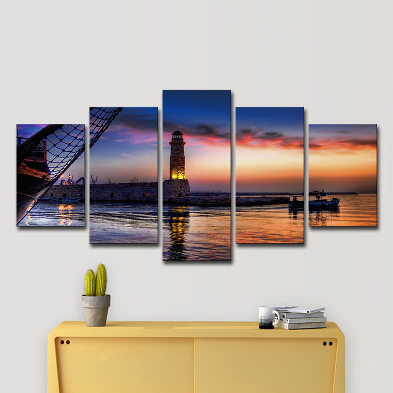 Vivolux | Blaue Tropen Leinwand Wandkunst Rückkehr der Fischer bei Dämmerung Wanddekor für Schlafzimmer