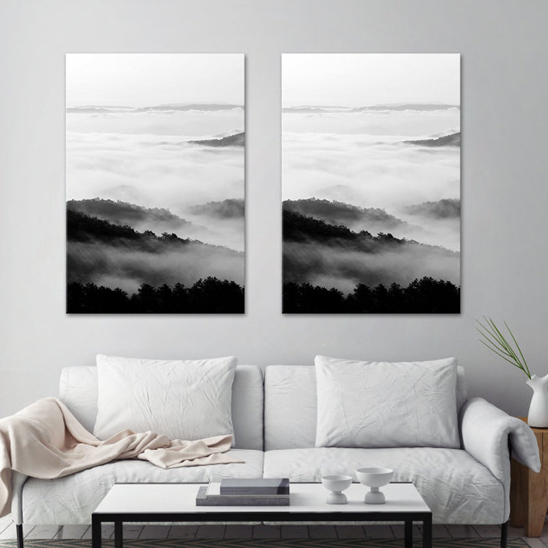 Vivolux | Zwart-wit moderne kunstprint luchtfoto van mistige bergen wanddecoratie voor thuis
