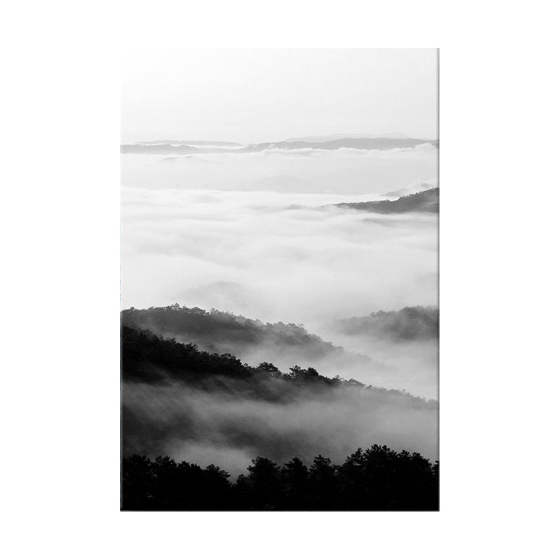 Vivolux | Zwart-wit moderne kunstprint luchtfoto van mistige bergen wanddecoratie voor thuis