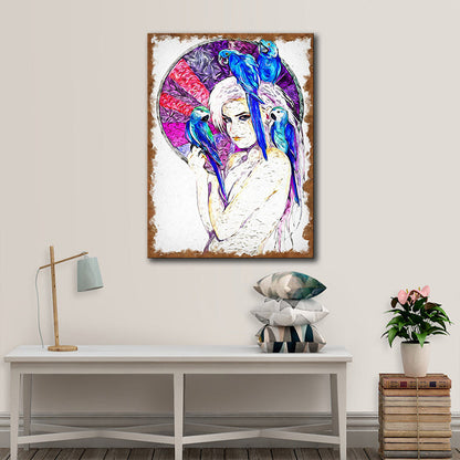 Vivolux | Canvas Lila Kunstdruck Zeitgenössisches Mädchen und Papageien Gemälde Wanddekoration für das Wohnzimmer