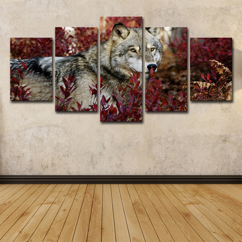 Vivolux | Wolf in Bushes Canvas Print Rood und Grau Moderne Stil Wanddekoration für Wohnzimmer