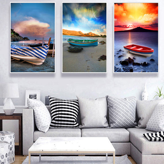 Vivolux | Strandboot Wandkunst Set Oranje-Blauw Modernistische Stijl Gewikkelde Canvas voor Slaapkamer