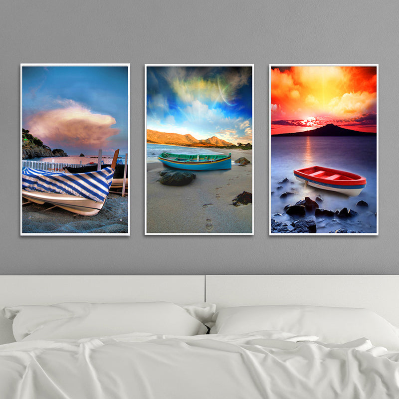 Vivolux | Strandboot Wandkunst Set Oranje-Blauw Modernistische Stijl Gewikkelde Canvas voor Slaapkamer