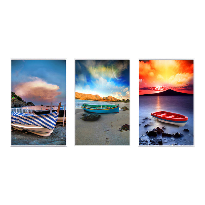 Vivolux | Strandboot Wandkunst Set Oranje-Blauw Modernistische Stijl Gewikkelde Canvas voor Slaapkamer