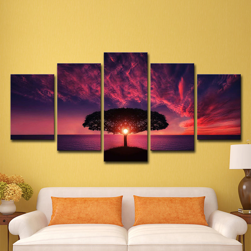 Vivolux | Lila Avondgloren Muurkunst Levensboom Moderne Multi-Piece Canvas Print voor Woonkamer