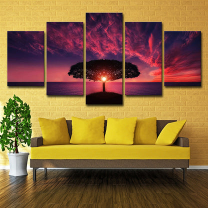 Vivolux | Lila Avondgloren Muurkunst Levensboom Moderne Multi-Piece Canvas Print voor Woonkamer