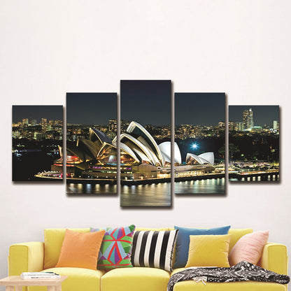 Vivolux | Sydney Opera Theater Wandkunst Global Inspirierte Leuchtende Nachtstadt Leinwand in Schwarz