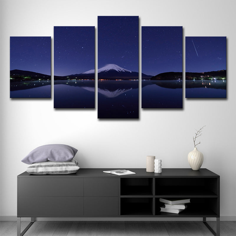 Vivolux | Mount Fuji Nachtansicht Kunstdruck Blau-Schwarz Zeitgenössische Wanddekoration für das Wohnzimmer