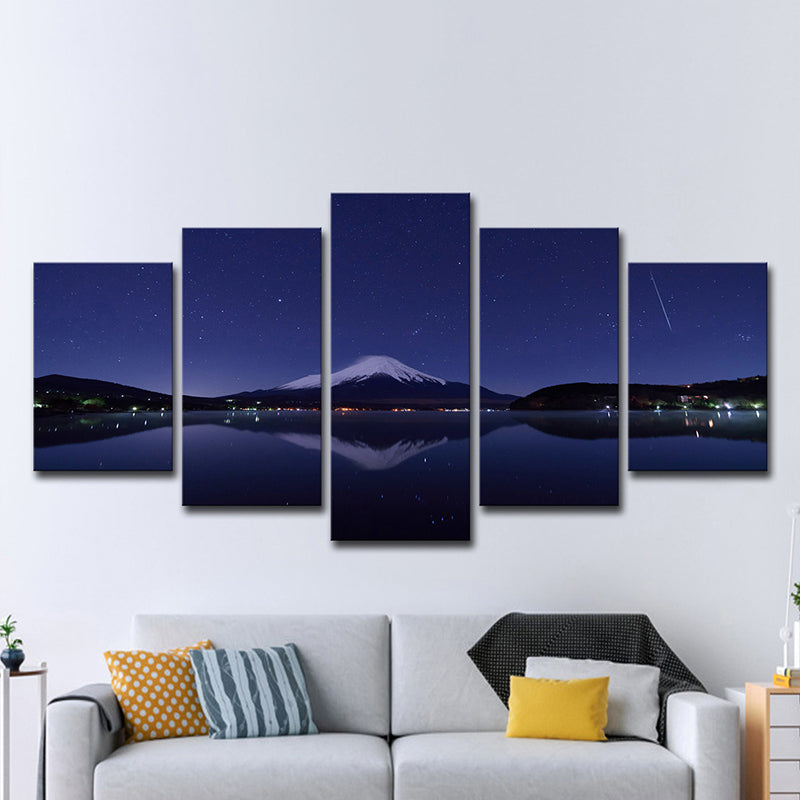 Vivolux | Mount Fuji Nachtansicht Kunstdruck Blau-Schwarz Zeitgenössische Wanddekoration für das Wohnzimmer