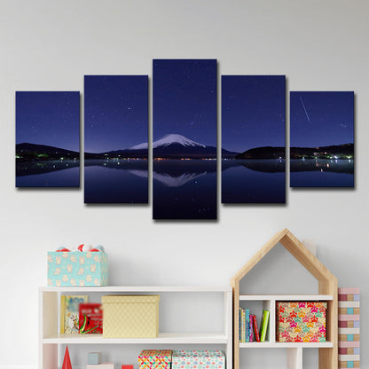Vivolux | Mount Fuji Nachtansicht Kunstdruck Blau-Schwarz Zeitgenössische Wanddekoration für das Wohnzimmer