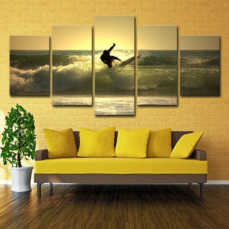 Vivolux | Surfen bei Dämmerung Wandkunst Dekor zeitgenössisches Mehrteilige Wohnzimmer Leinwand Druck in Gelb