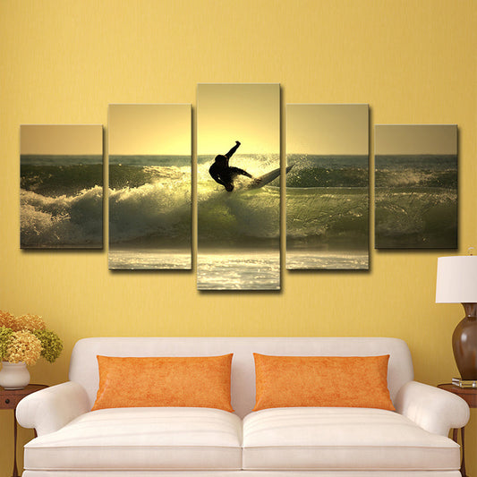 Vivolux | Surfen bei Dämmerung Wandkunst Dekor zeitgenössisches Mehrteilige Wohnzimmer Leinwand Druck in Gelb