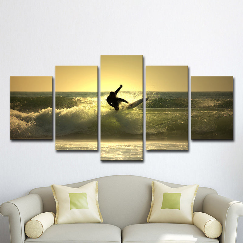 Vivolux | Surfen bei Dämmerung Wandkunst Dekor zeitgenössisches Mehrteilige Wohnzimmer Leinwand Druck in Gelb