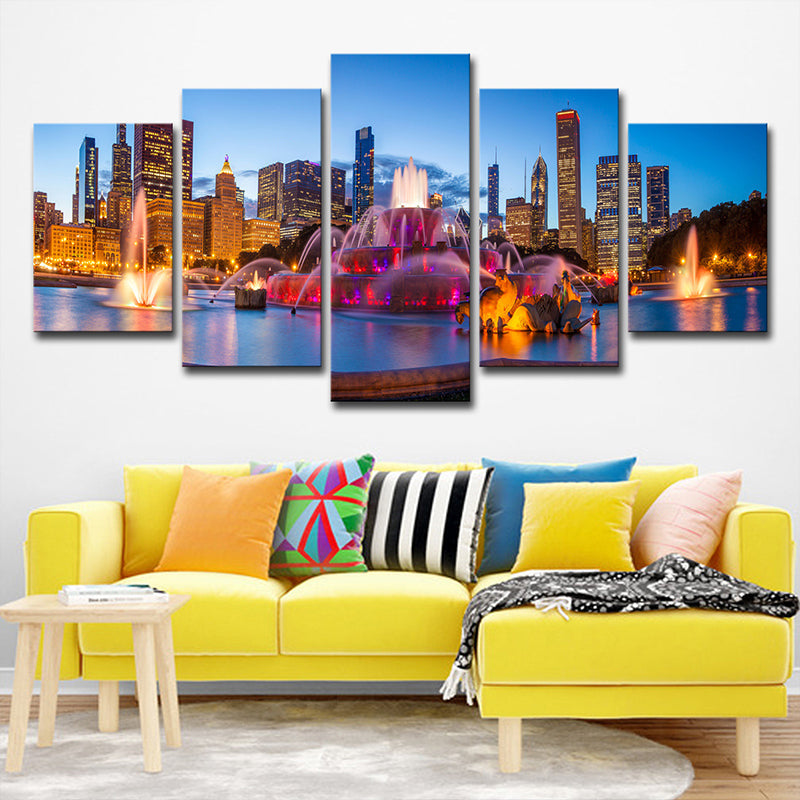 Vivolux | Buckingham Fountain Scenery Kunstdruck Lila Leinwand Wanddekoration, Mehrteilig