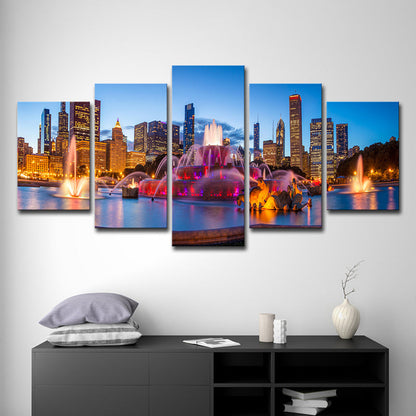 Vivolux | Buckingham Fountain Scenery Kunstdruck Lila Leinwand Wanddekoration, Mehrteilig