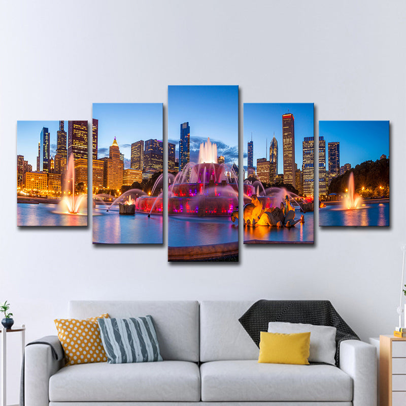Vivolux | Buckingham Fountain Scenery Kunstdruck Lila Leinwand Wanddekoration, Mehrteilig