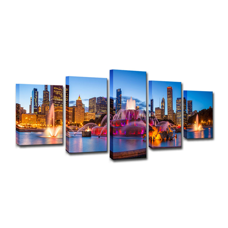 Vivolux | Buckingham Fountain Scenery Kunstdruck Lila Leinwand Wanddekoration, Mehrteilig