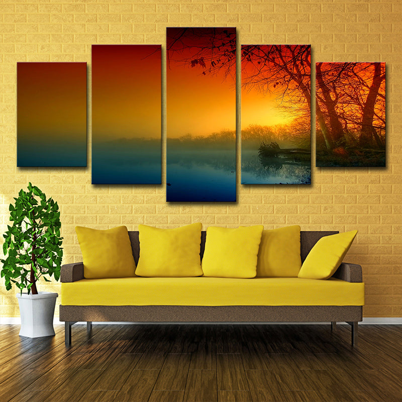 Vivolux | Oranje Zonsondergang Rivier Canvas Kunst Natuur Landschap Moderne Multi-Stuk Muurdecoratie voor Thuis