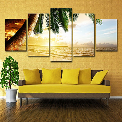 Vivolux | Tropische Zonsondergang Zeegezicht Wanddecoratie Geel en Groen Meerdere Stukken Canvas voor Woonkamer