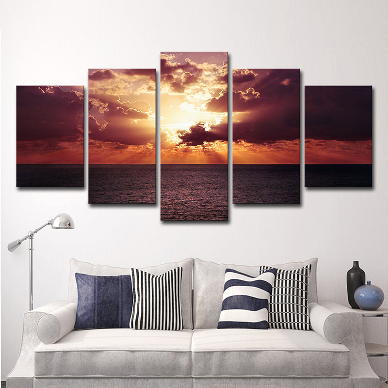 Vivolux | Fotografie Sonnenuntergang Ozean Landschaft Leinwand Wanddekoration für Wohnzimmer, Lila und Orange