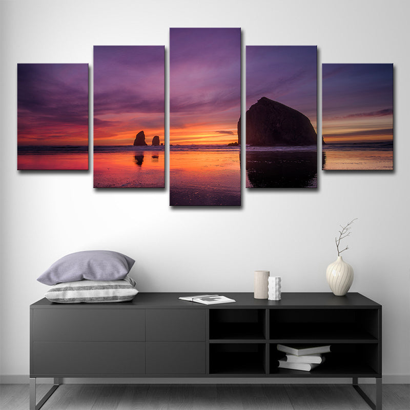 Vivolux | Paarse modernistische wanddecoratie strand met avondglans landschap canvas voor slaapkamer