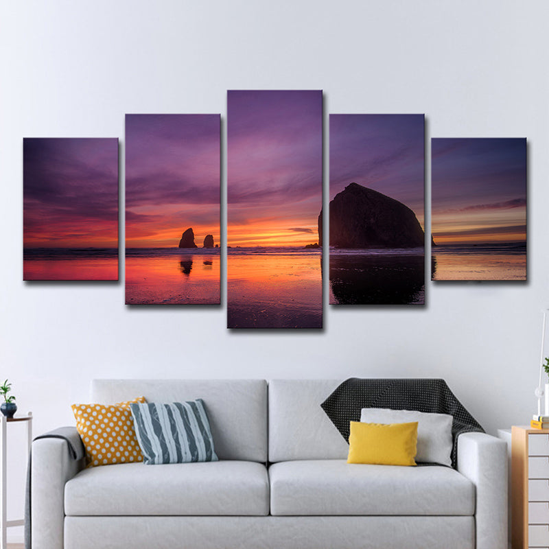 Vivolux | Paarse modernistische wanddecoratie strand met avondglans landschap canvas voor slaapkamer