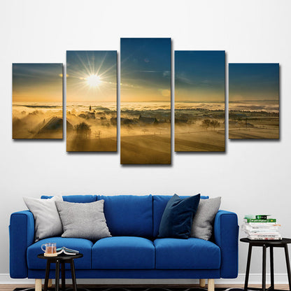 Vivolux | Sonnenuntergangsansicht des Dorfes Leinwandkunst modernes mehrteiliges Wanddekor in Braun für das Zuhause