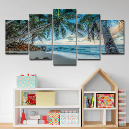 Vivolux | Tropix Strand Kokosnussbäume Leinwand Wandkunst Blau Mehrere Stücke Wanddekoration für Sitzraum