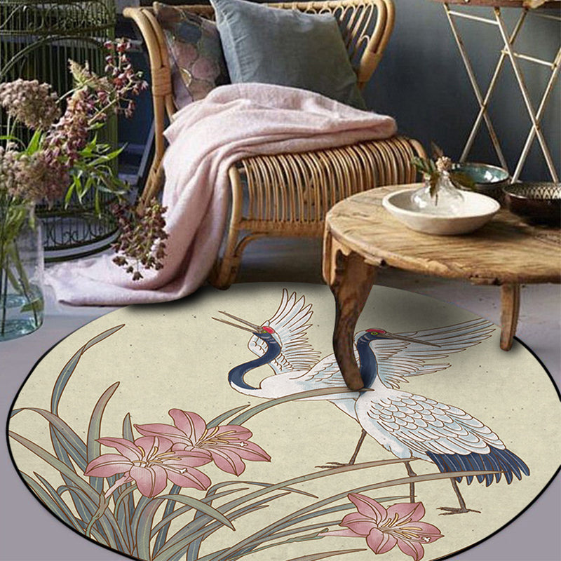 Vivolux | Gelber orientalischer Teppich Polyester florales und Kranichmuster Teppich waschbar rutschfeste Rückseite Teppich für Wohnzimmer