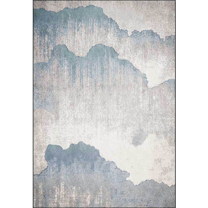Vivolux | Vintage Ink Wash Painting Teppich Hellblau Polyester Teppich Maschinenwaschbar Rutschfester Teppich für das Wohnzimmer