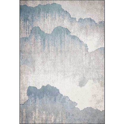 Vivolux | Vintage Ink Wash Painting Teppich Hellblau Polyester Teppich Maschinenwaschbar Rutschfester Teppich für das Wohnzimmer