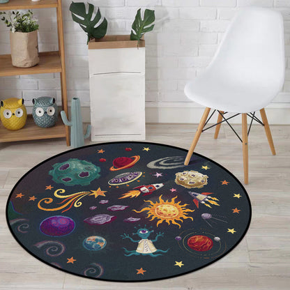 Vivolux | Kinderschlafzimmerteppich in Schwarz Weltraum Alien Planet Raketenmuster Teppich Polyester Maschinenwaschbar Teppich für den Bereich